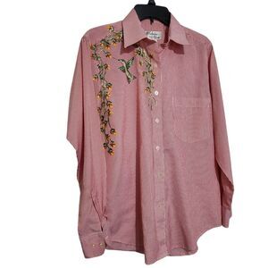 Fabrizio By Afiva Women Shirt Size Small Pink Striped Embroidered Bird Floral